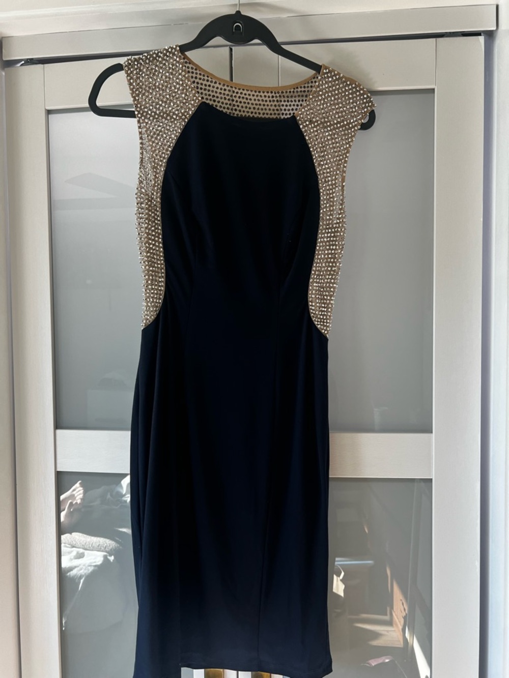 Xscape Navy Midi Dress with Gold Beaded Accents
